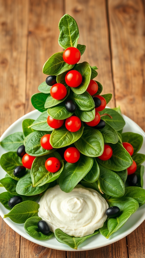 A colorful spinach Christmas tree appetizer with tomatoes and olives, served on a wooden platter.